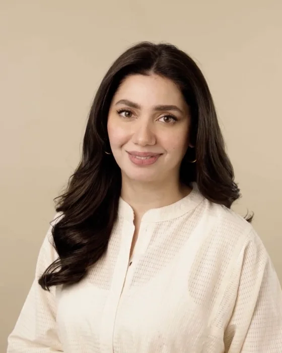 Mahira Khan in a cream kurta against a beige background, 2024