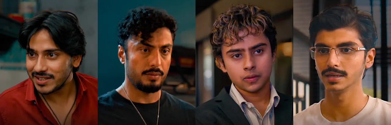 The four leads of Chaar Yaar side by side: Purav Jha in a red shirt, Saqib Ayub, Naman Jain in a blazer and Prayrak Mehta in glasses