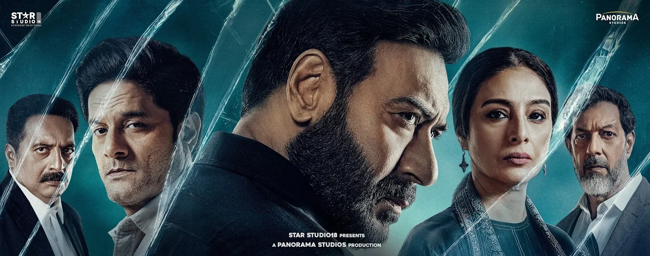 Official Drishyam: The Conclusion poster with Ajay Devgn, Jaideep Ahlawat and Tabu behind cracked glass