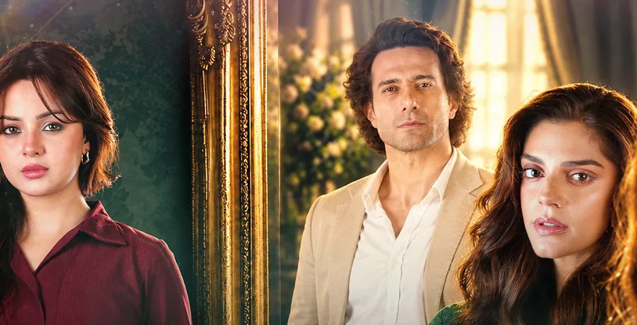 Gulbahar's three leads, a man in a cream suit between two women, in a drawing room with a gilded mirror