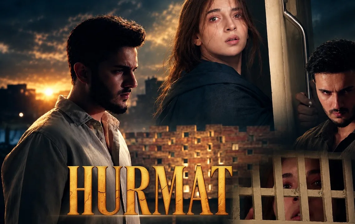 Hurmat key art: Dananeer Mobeen looking over her shoulder between two male leads, above the Hurmat title and a girl behind bars
