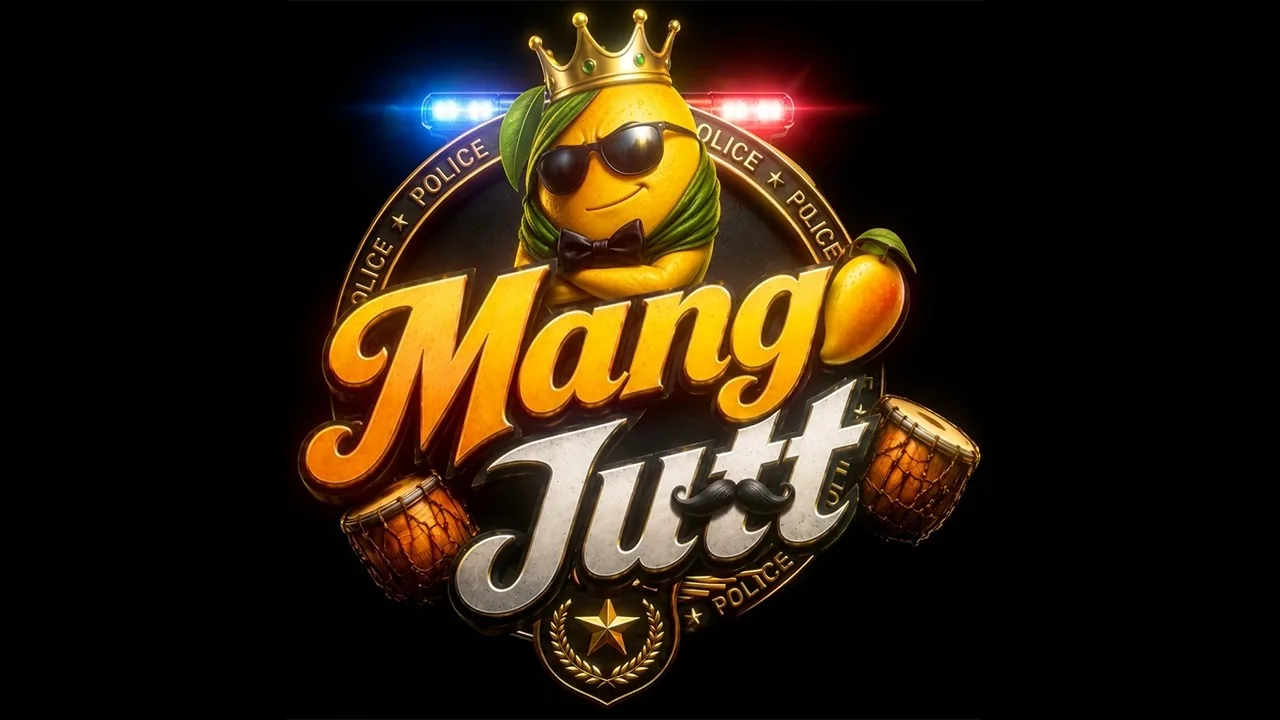 Mango Jutt title art: a cartoon mango wearing a crown and sunglasses above the film's title, with a police badge and dhol drums