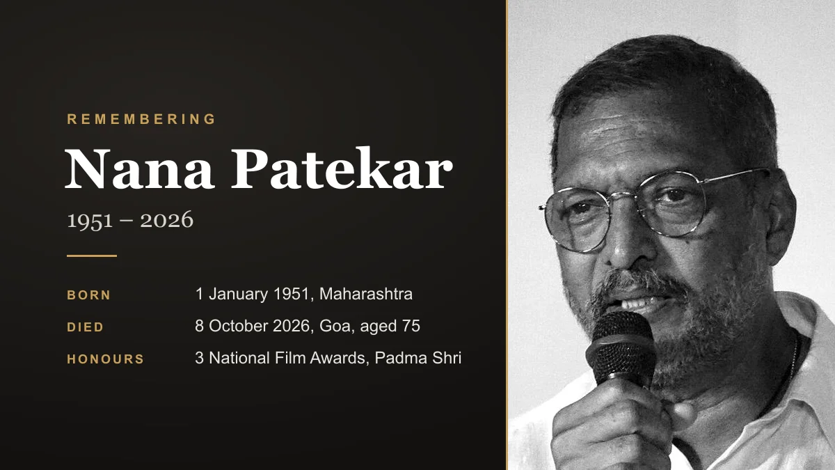 Remembering Nana Patekar, 1951 to 2026: born 1 January 1951 in Maharashtra, died 8 October 2026 in Goa aged 75, winner of three National Film Awards and the Padma Shri