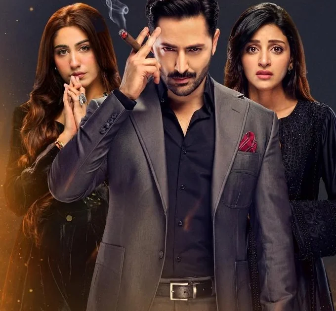 Nashtar key art: Danish Taimoor as Shah Dawood in a grey suit, between Naeema Butt as Tamseel and Anmol Baloch as Bareera