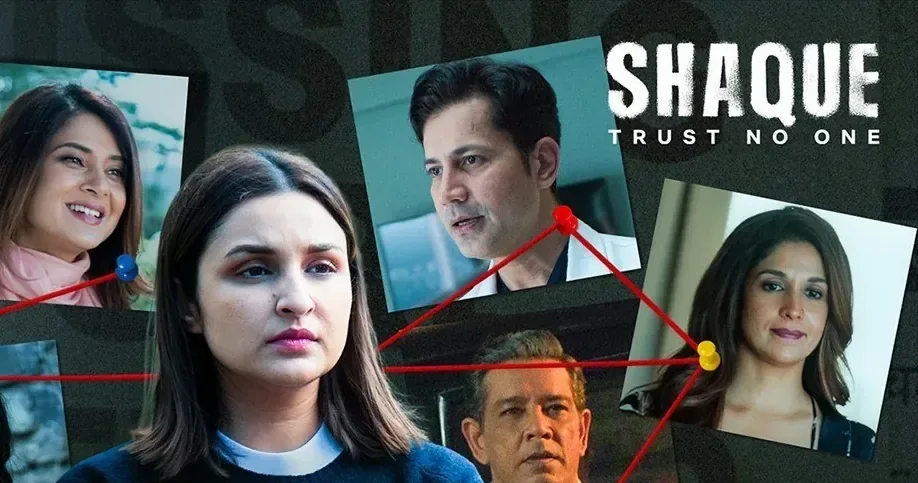 Official Netflix key art for Shaque: Trust No One, with Parineeti Chopra surrounded by the suspects on a red-string evidence board