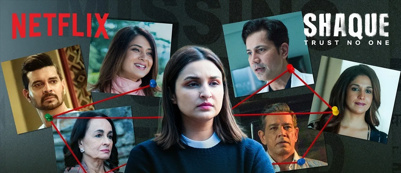 Official Netflix key art for Shaque: Trust No One, with Parineeti Chopra surrounded by the suspects on a red-string evidence board